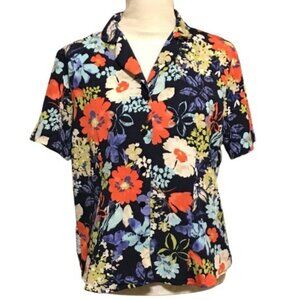 Alfred Dunner Womens Top Floral Button Front Blue Orange Size 10